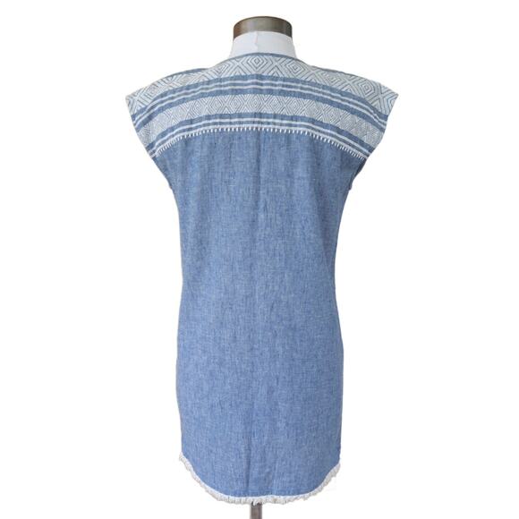Soft JOIE Embroidered Linen Blend Chambray Tunic Mini Dress XS Beachy Boho Blue - Picture 4 of 11